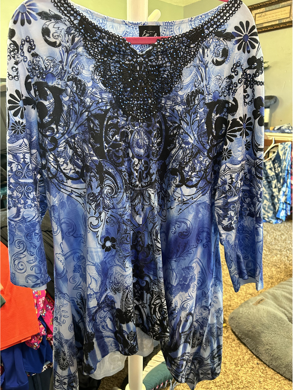 Simply Emma Women's Blue and Black Patterned Tunic Top, Size 2X